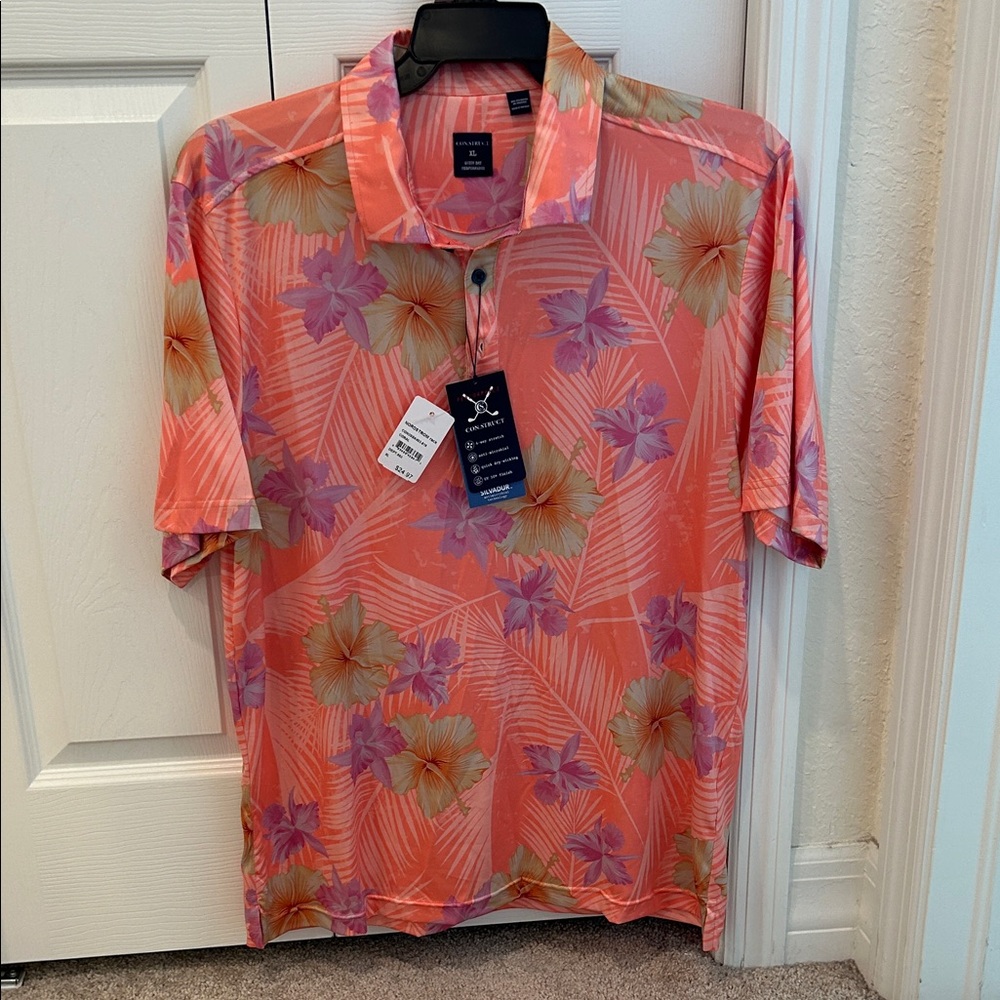 Men's Floral Golf Polo Shirt - Orange and Purple Construct, quick dry & Silvadur